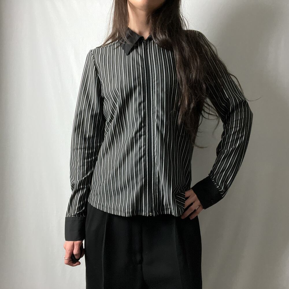 90s vintage black white striped minimalist collared zip up shirt blouse top
